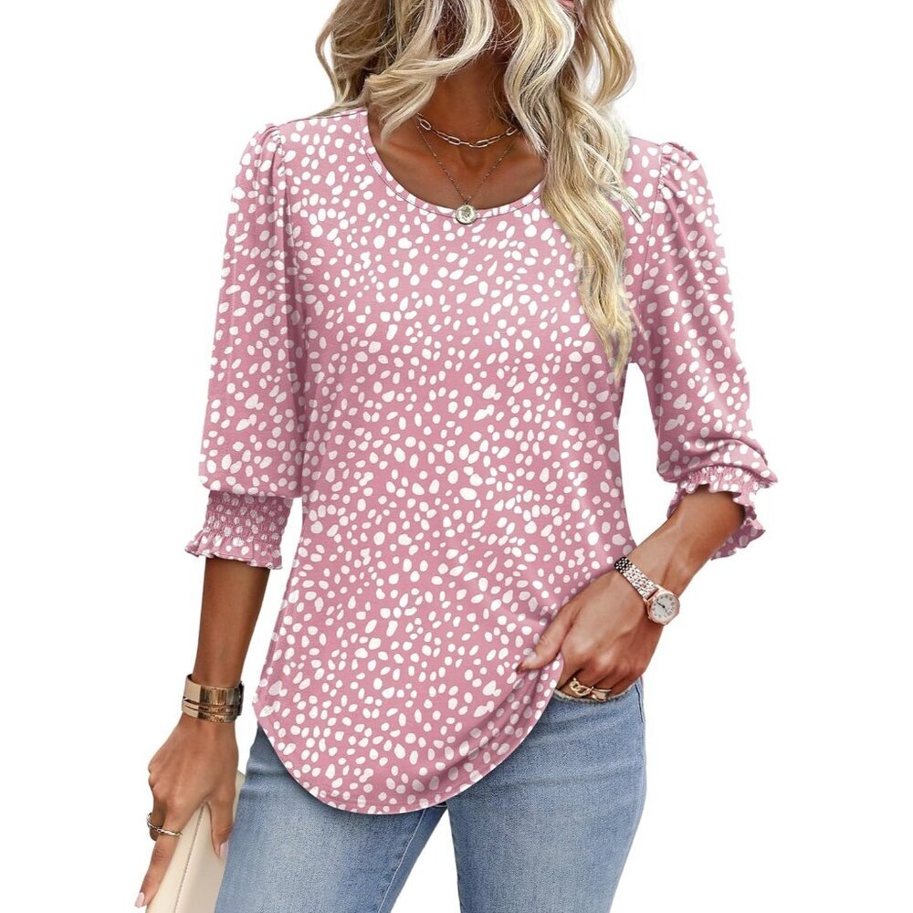 Women's Dressy Casual Blouse 3/4 Sleeve Smocked Cuffs Polyester Spandex - Picture 2 of 5